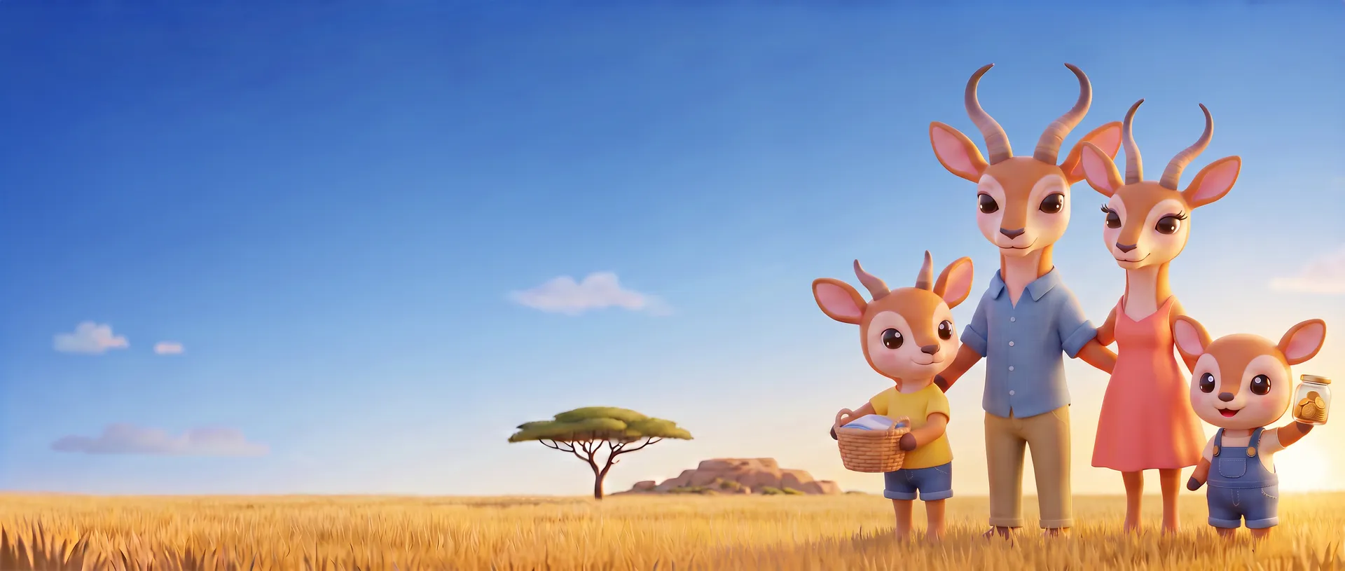 A springbok mom and dad with their two springbok kids standing in golden Highveld grass under a wide blue sky, one kid carrying a laundry basket and one holding up a jar of coins.